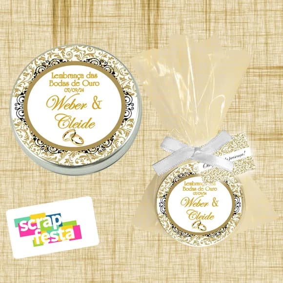 Latinha, Saquinho, Fitinha e Tag Personalizada Bodas de Ouro
