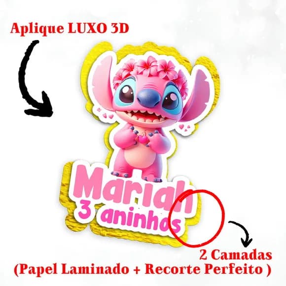 Aplique 3d Tema Stitch Angel com Papel Dourado para Tubete