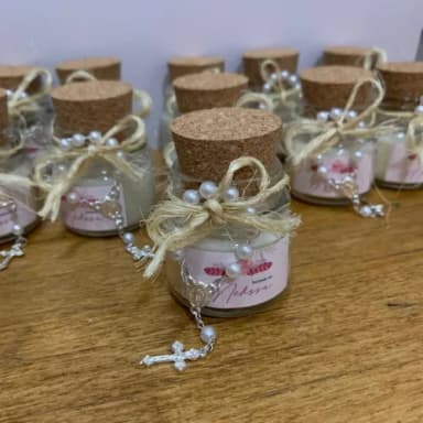 Lembrança Batizado Vela Aromática Vidro Rolha, Sisal e Terço