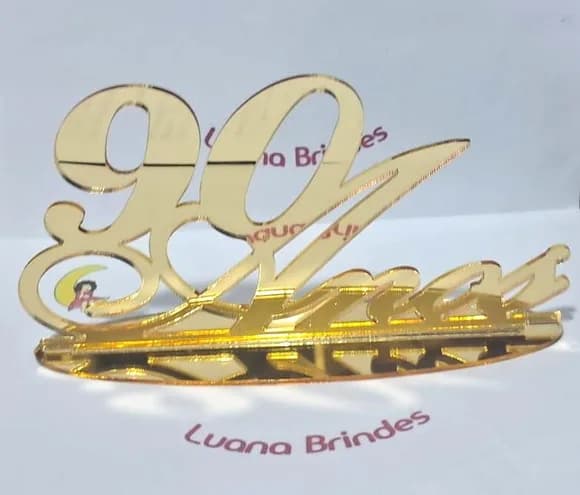 Topo de Bolo 90 Anos Dourado Acrílico Espelhado 16cm 1 Peça