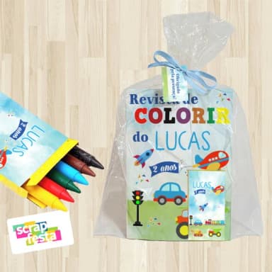 Revista Colorir+embalagem+giz Cera Festa Meios de Transporte