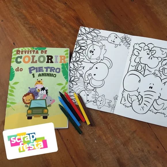Revista Colorir + Giz de Cera Festa Safari