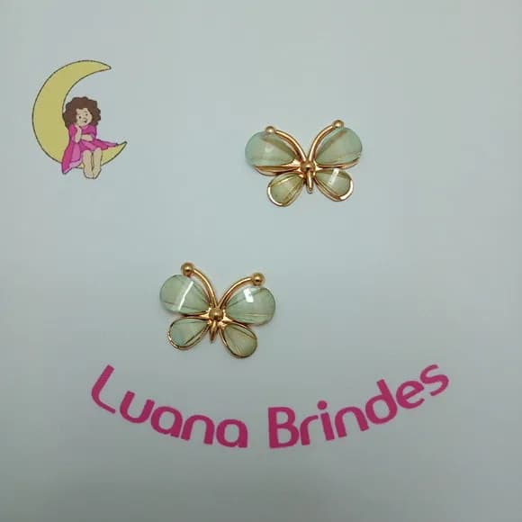 Borboleta Aplique Verde Metal Dourado 2,5cm Pct 2 unidades