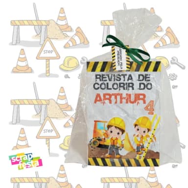 Revista Colorir+saquinho+fitinha+tag Festa Construção