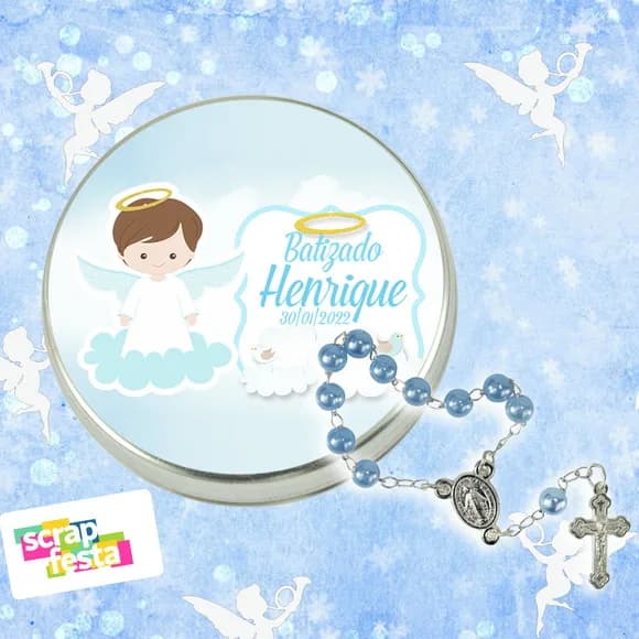 Latinhas Personalizadas Festa Batizado + Mini Terço Azul