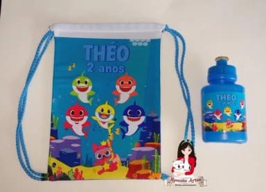Mochila com Squeeze Personalizado Baby Shark Azul