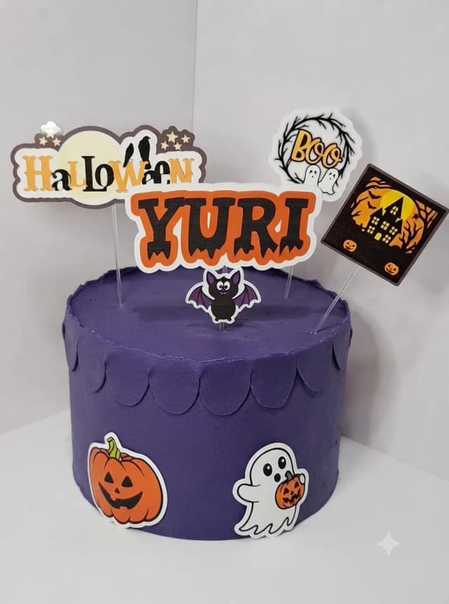 Topo de bolo + 30 topper de docinhos + 18 adesivos de Halloween