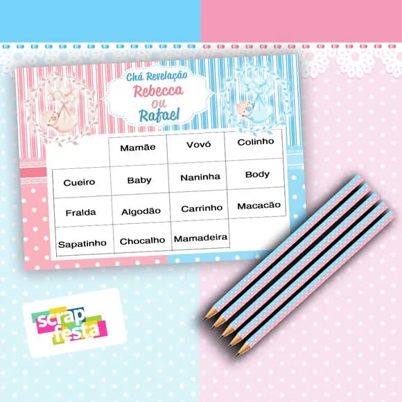 Kit Bingo + Lápis Festa Chá Revelação Baby Bingo
