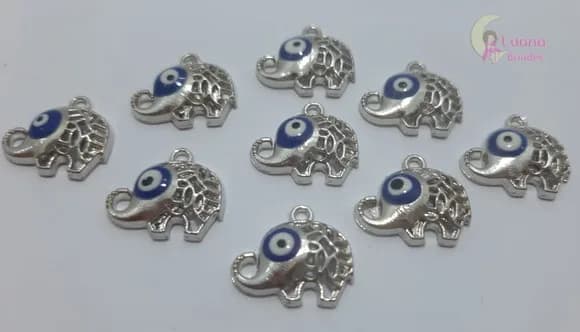 Pingente Elefante Olho Grego de Metal Prateado 3 unidades