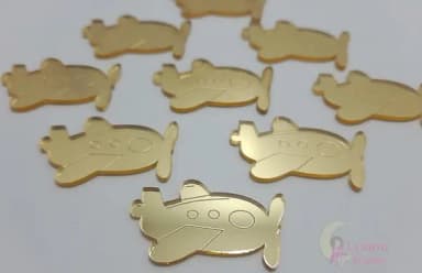 Aplique Avião Acrílico Espelhado Dourado -pct c/7 unid