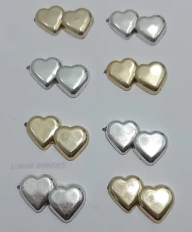 Aplique Coração Duplo de ABS Dourado e Prata - pct c/12 unid