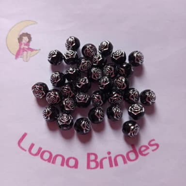 Bolinha Preta com Flor Prata 8mm Pct 100 Unidades