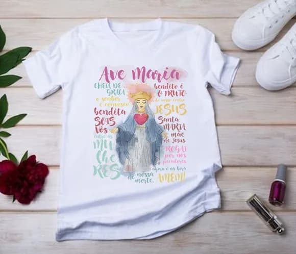 Camiseta Ave Maria Sagrado Coração ? Fé e Devoção