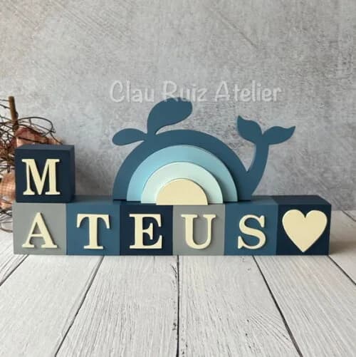 Baleia + Cubos 6x6cm Ts Decoração Bebê Fundo do Mar