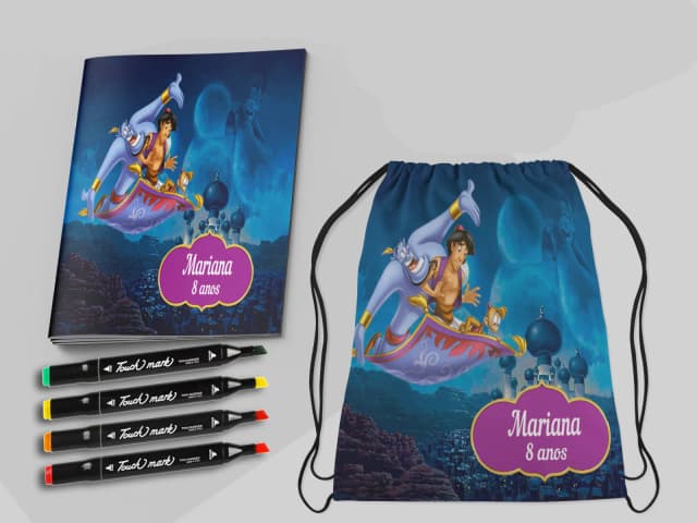 Kit Mochila Revista de Colorir com Canetinhas Personalizada do Aladim