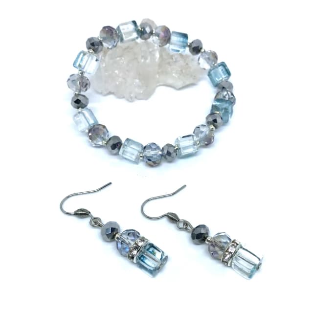 Conjunto Luxo Brinco e Pulseira Cristal Boreal (Cinza Azulado)