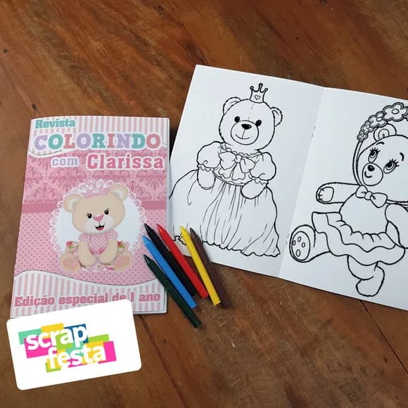 Revista Colorir + Giz de Cera Festa Ursa Princesa