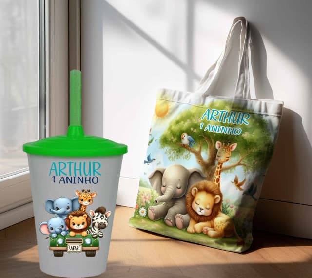 Kit Sacola Ecobag+ copo twister personalizado para lembrancinhas Safari Baby