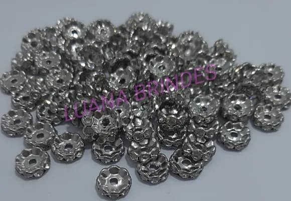 Rondela de Metal Prateado com Strass - 10mm - pct c/ 10 unid