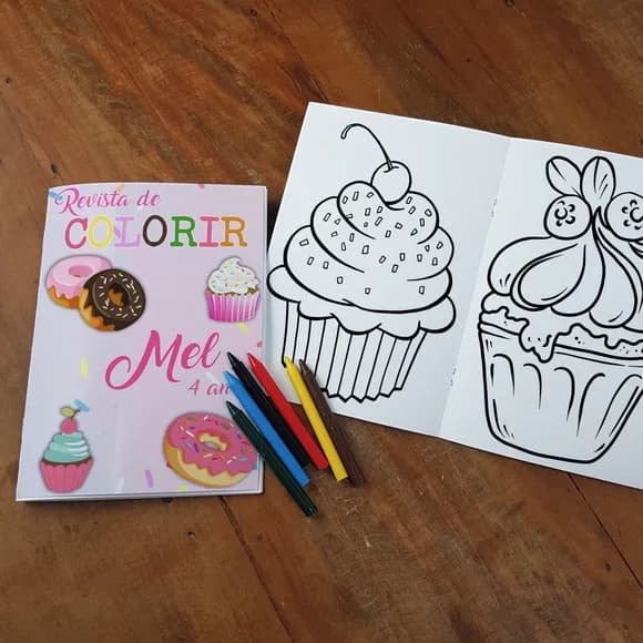 Revista Colorir + Giz de Cera Festa Confeitaria/doces