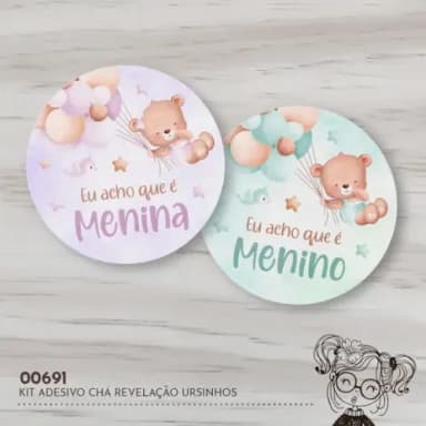 Kit Adesivos Redondos Chá Revelação Ursinhos - 00691
