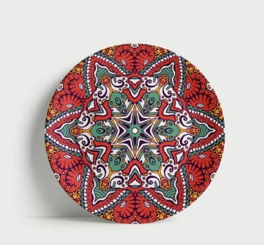 Prato Decorativo Mandala Estelar Vermelha e Verde Porcelana