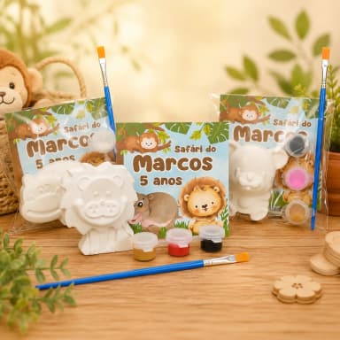 20 Unidades Safári Pintura em Gesso (Gesso Cru + 3 Cores de Guaches e Pincel)