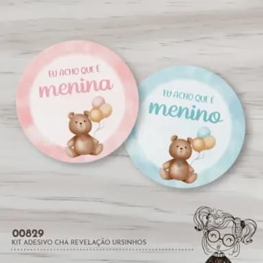 Kit Adesivos Redondos Chá Revelação Ursinhos - 00829