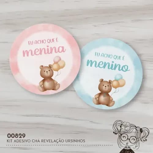 Kit Adesivos Redondos Chá Revelação Ursinhos - 00829