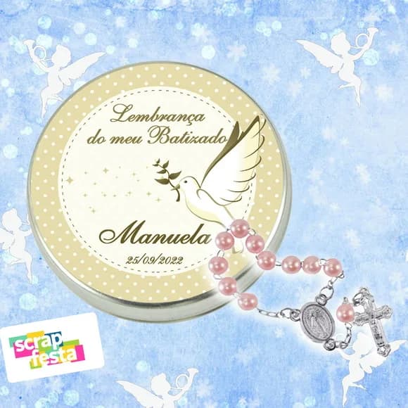 Latinhas Personalizadas Festa Batizado + Mini Terço Rosa