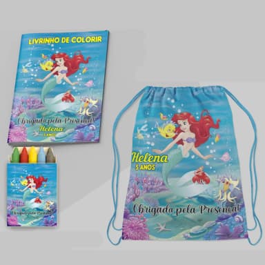 Kit Lembrancinhas Mochila e Revista de colorir da Sereia Ariel