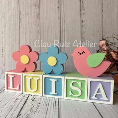 Decoração Bebê Cubos 6x6cmcandy T+dupla de Flor e Passarinho