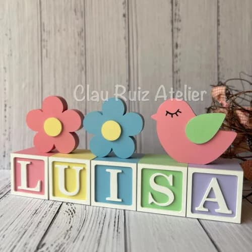 Decoração Bebê Cubos 6x6cmcandy T+dupla de Flor e Passarinho