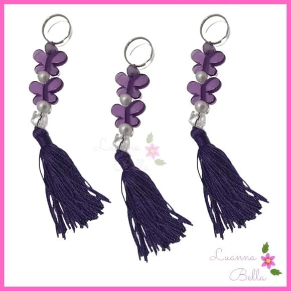 Chaveiro Borboleta acrílica c/ franja Roxo -Pct c/4 unidades