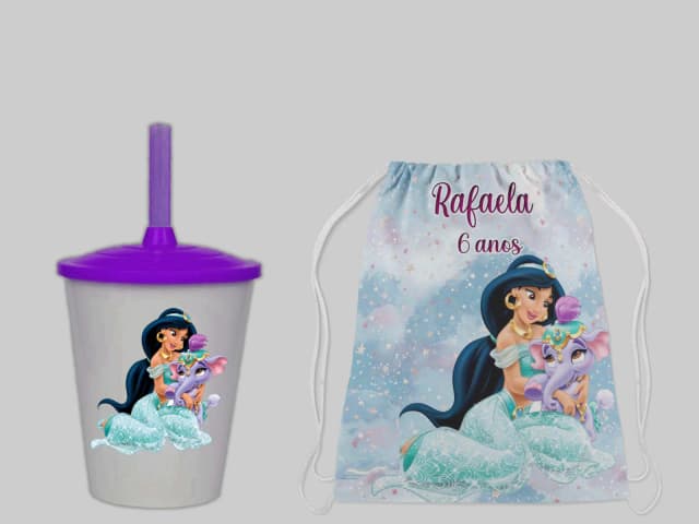 kit Mochilinha e Copo Twister Personalizado da Princesa Jasmine