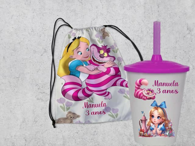 Kit Mochilinha e Copo Twister Personalizado da Alice no Pais das Maravilhas