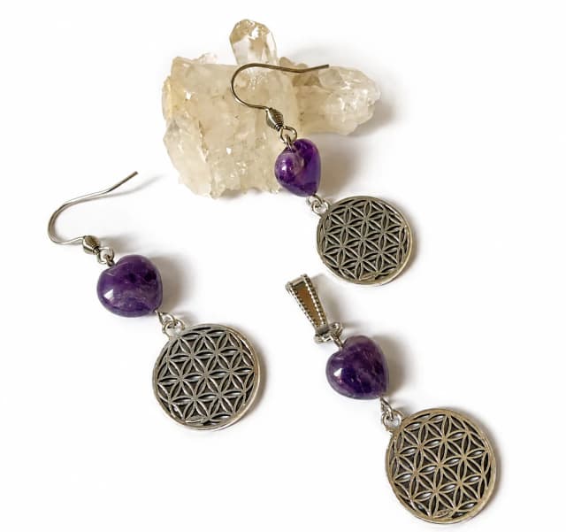 Conjunto Místico Brinco e Pingente Mandala Flor da Vida com Ametista Coração