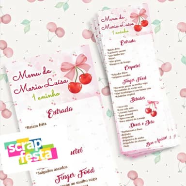 Menu Cardápio Personalizado Festa Cerejinha Aquarela