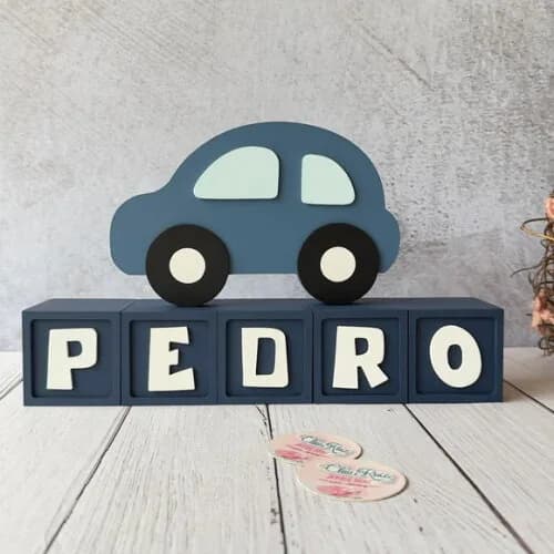 Carrinho Enfeite + Nomes em Cubo - Decoração Bebê