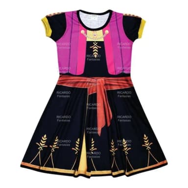 Vestido Infantil Fantasia Princesa do Reino Encantado Preto e Magenta com Faixa Vermelha