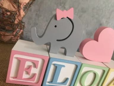Cubos Decorativos MDF Personalizados Para Quarto de Bebê + Elefantinha + Coração