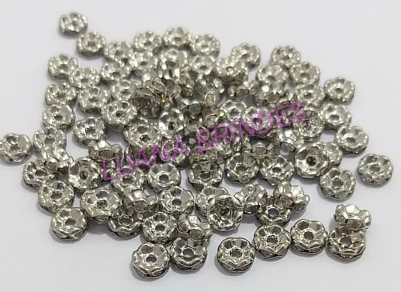 Rondela de Metal Prateado com Strass - 6mm - pct com 12 unid