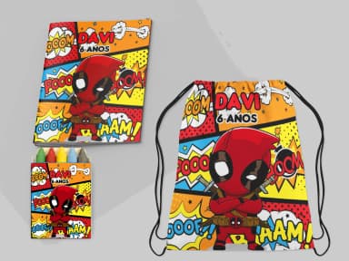 Kit Mochila e Revista de colorir para lembrancinhas do DeadPool