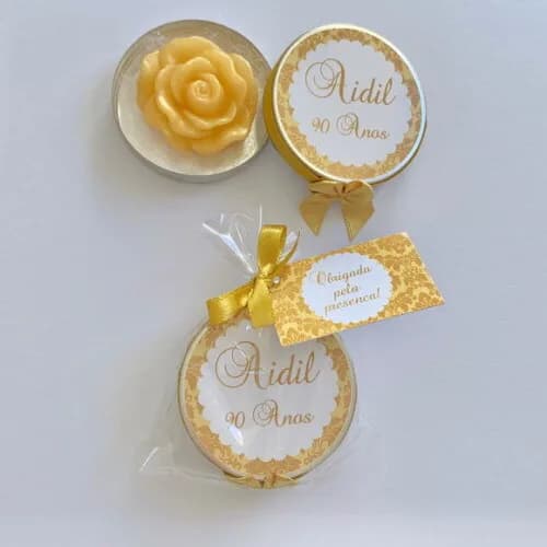 Lembrancinha 90 Anos latinha sabonete de rosa dourado