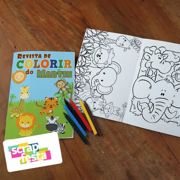 Revista Colorir + Giz de Cera Festa Safari