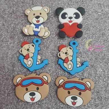Apliques Ursinhos e Pandinha de borracha - pct c/6 unid