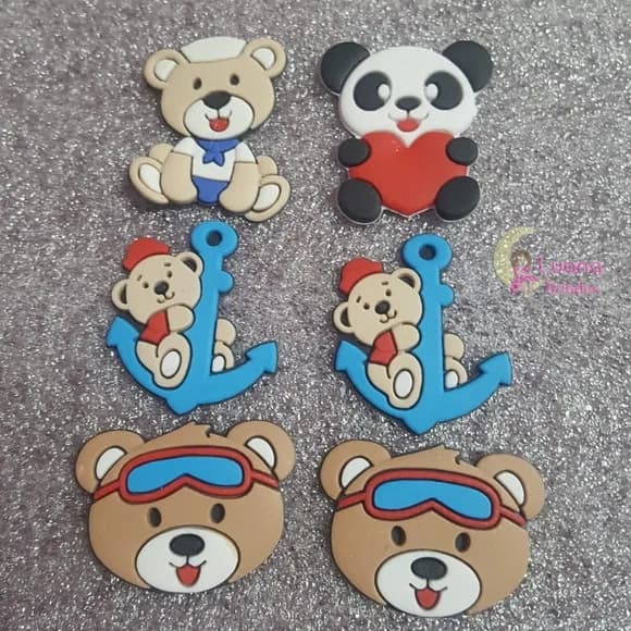 Apliques Ursinhos e Pandinha de borracha - pct c/6 unid