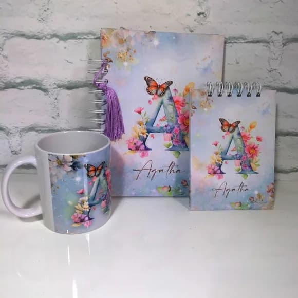 Kit Caderno, Bloquinho e Caneca Porcelana - Qualquer Tema