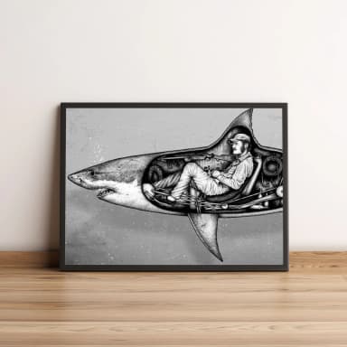 Quadro com tubarão mecânico e piloto ilustrado 2556