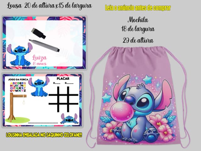 Kit mochilinha e Lousa Magica Personalizada do Stitch